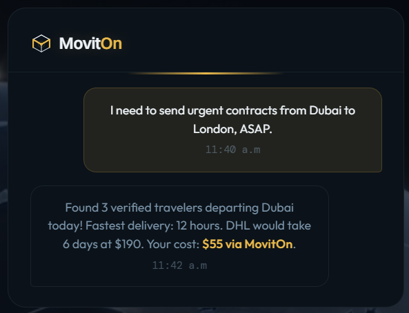 A MovitOn chat interface showing a customer request to send urgent contracts from Dubai to London, with a response offering delivery in 12 hours via MovitOn for $55 versus DHL's $190 and 6 days.