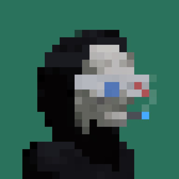 A pixel art style profile portrait of a figure with dark hair, a blue eye, and red markings on their face against a dark green background.
