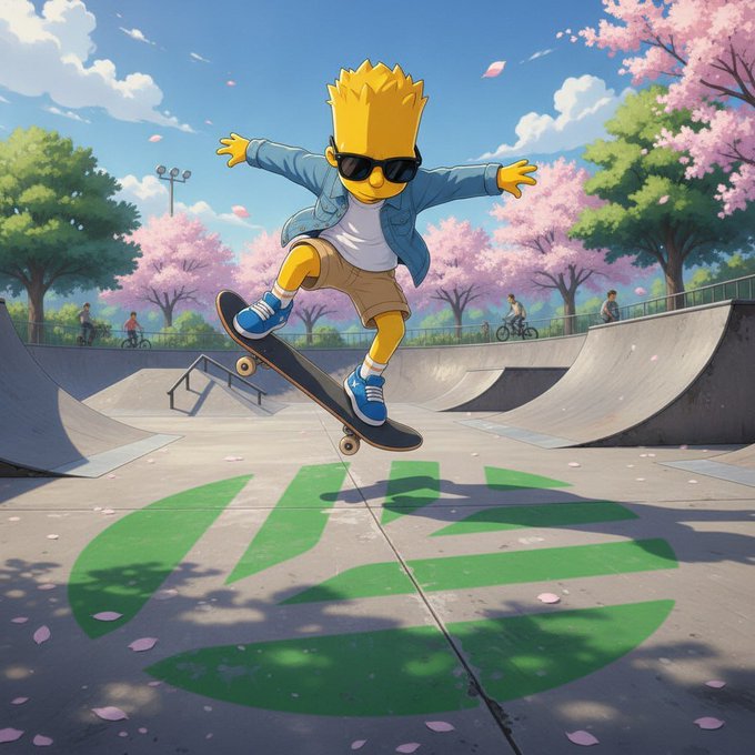 An anime-style Bart Simpson wearing sunglasses, a denim jacket, and khaki shorts performs a skateboard trick mid-air at a skatepark, with a large green X logo painted on the ramp and cherry blossom trees in the background.