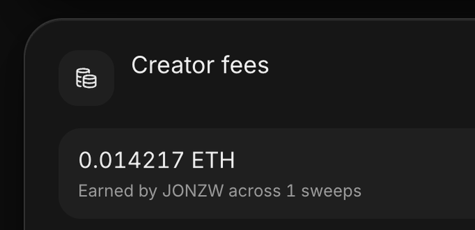 A dark-themed digital display showing 'Creator fees' of '0.014217 ETH' earned by JONZW across 1 sweeps.