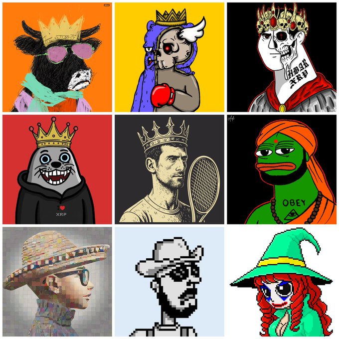 The image features a grid of nine square illustrations, each depicting a different cartoon character wearing a crown or hat with a name tag that includes "XRP", "NFTs", "@FarmerUnionXRPL", "@JcRivera", "@SealXRP_CTO", "@CasinoSociety", "@CultxrplCTO", and "@ArtOfTessera". The characters are arranged in a grid format, with each row containing three illustrations. These illustrations showcase various cartoon characters wearing crowns or hats while also displaying their names along with the text "XRP has NFTs" and "@FarmerUnionXRPL @JcRivera @SealXRP_CTO @CasinoSociety @CultxrplCTO @ArtOfTessera".
