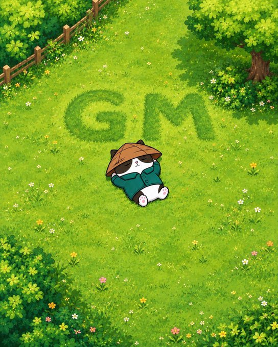 An illustrated scene shows a cute panda character lying in a lush green grassy field with flowers, wearing a green jacket and conical hat, with the letters 'GM' mowed into the grass behind it.