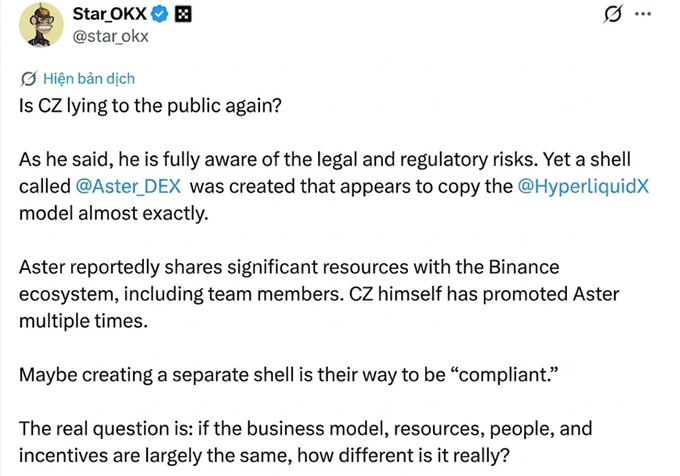 The image features a screenshot of an open webpage with text written in white, including information about StarOKX's founder and CEO, who says that they are accusing another person of lying to them. The webpage also includes claims made by StarOKX against CZ regarding the model Aster is using for their project, which could be mistaken for a copy of Hyperliquid. This text highlights an interesting discussion between StarOKX and CZ about the authenticity and originality of the model used in the project.