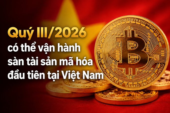 Gold Bitcoin coins stacked on a red surface with the Vietnamese flag in the background, with text reading 'Quý III/2026 có thể vận hành sàn tài sản mã hóa đầu tiên tại Việt Nam'.