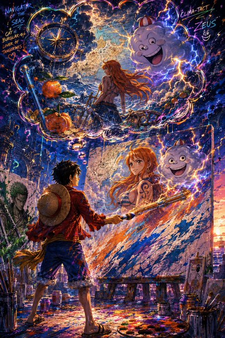 An anime-style illustration shows a young man painting a mural that features a red-haired woman and a cloud character, with text including 'NAVIGATOR OF THE SEAS' and a drawing of the USS Bugbear.