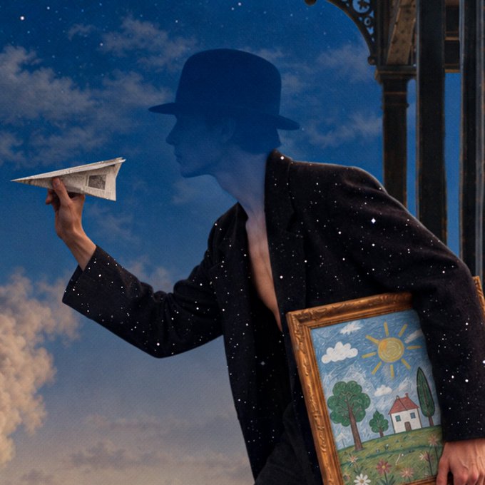 A silhouette of a person in a black hat and a starry jacket holds a paper airplane in one hand and a framed painting of a sunny house in the other, set against a cloudy sky.