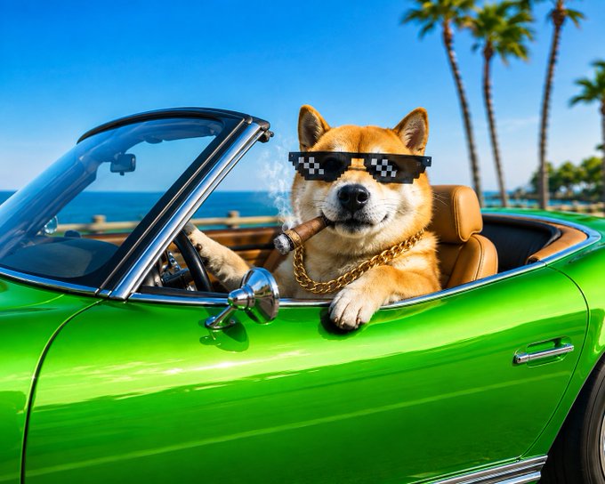 A Shiba Inu dog wearing pixelated 'thug life' sunglasses and a gold chain, smoking a cigar while driving a green convertible car along a tropical coastline.
