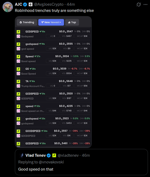 A tweet by @AvgJoesCrypto shows a Robinhood "New Newest" list flooded with memecoins all containing variations of "GODSPEED" (likely a Trump-related tribute token), each priced around $0.0xxxx with minimal liquidity and $1K-$5K market caps—exemplifying the speculative memecoin mania Satoshi surely never imagined for his peer-to-peer electronic cash system.