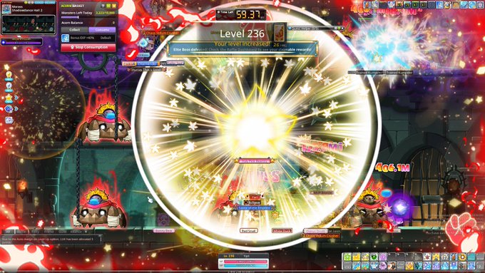 A chaotic gameplay screenshot from MapleStory showing a character at Level 236, with a massive explosion effect and a damage number of 59.3T.
