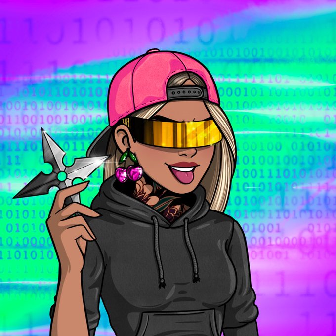 A digital illustration of a stylish woman wearing a pink cap, yellow visor, and black hoodie, holding a shuriken against a glitchy background of binary code.
