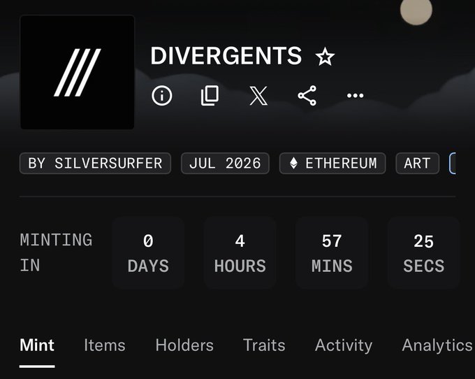 An NFT minting countdown page for 'DIVERGENTS' by SILVERSURFER, launching July 2026 on Ethereum as an ART collection, showing 0 days, 4 hours, 57 mins, 25 secs remaining.