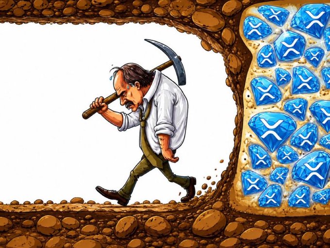 A cartoon illustration of an exhausted miner carrying a pickaxe while walking through a tunnel of dirt that opens to a vein of large blue XRP (Ripple) cryptocurrency coins.