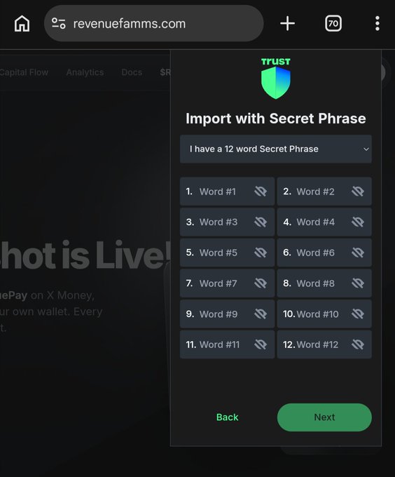 A Trust Wallet interface showing 'Import with Secret Phrase' with 12 input fields for entering a secret recovery phrase.