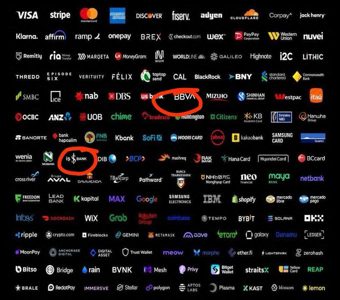 The image displays a grid of corporate logos—including Visa, Stripe, Mastercard, Google, Coinbase, BBVA, and J.P. Morgan—with BBVA and "US BANK" circled in red. The hashtags #pinetwork reference Pine Network, and the caption implies the image showcases institutions Pine Network is connected to, with the circled banks (BBVA and US Bank) being recently added or notable partners.
