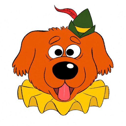Cartoon illustration of a brown dog with a red tongue sticking out, wearing a yellow ruffled collar and a small green hat with a red feather.