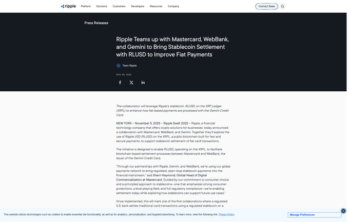 A Ripple press release from November 5, 2025 announces a collaboration with Mastercard, WebBank, and Gemini to bring stablecoin settlement with RLUSD on the XRP Ledger to improve fiat payments. The image directly supports the post's point that Mastercard is actively exploring stablecoin settlement infrastructure alongside Ripple's RLUSD.