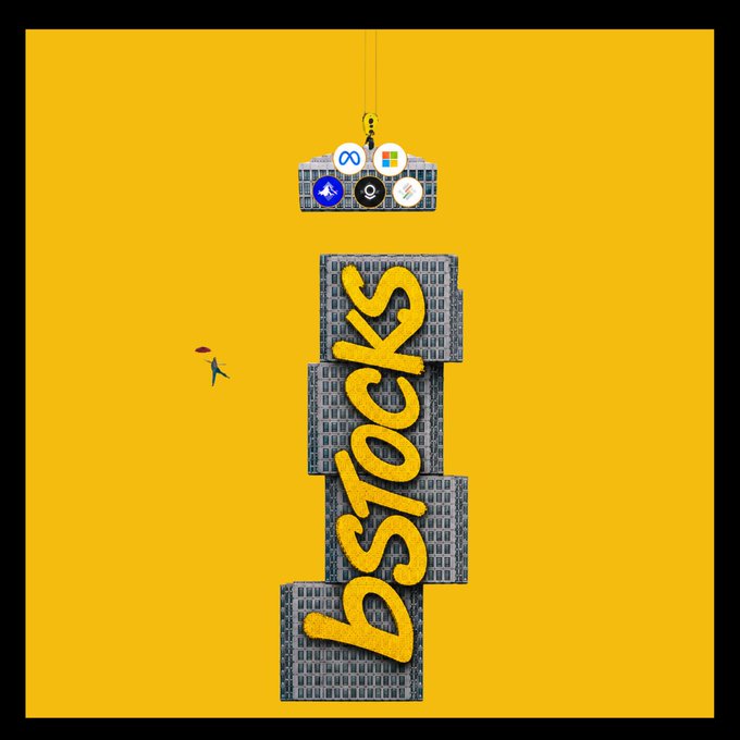 The image is a vibrant yellow promotional graphic for "bStocks," featuring the brand name written vertically in bold yellow letters across stacked building blocks resembling skyscrapers. At the top, a crane lifts a block adorned with various trading platform icons (MetaTrader, Windows, Apple, and more), visually reinforcing the post's message about ongoing construction progress and the addition of new trading pair types on day 595.