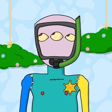 A cartoon-style illustration of a Frankenstein-like character in a blue diving suit with four eyes and a snorkel.