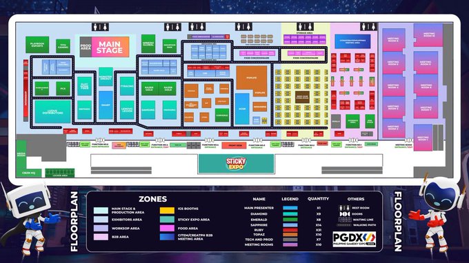 A colorful floorplan map for 'STICKY EXPO' event showing zones including Main Stage, Promoter Area, Exhibits Area, Workshop Area, and various booth sections, with mascots at the bottom.