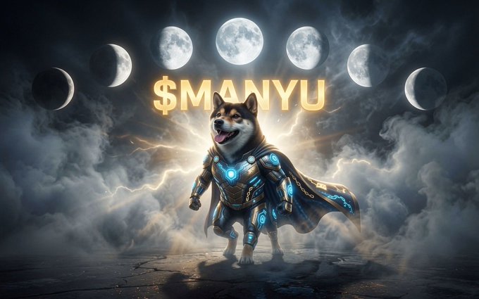 A digital artwork of a Shiba Inu dog wearing glowing blue and gold armor with a cape, standing in front of eight moon phases and the text '$MANYU' amidst clouds and lightning.