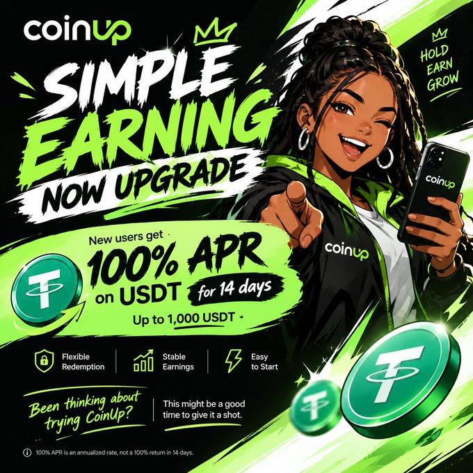 Advertisement for CoinUp, a cryptocurrency platform, featuring an illustrated woman holding a smartphone and pointing at the viewer. The ad promotes 'Simple Earning Now Upgrade' with '100% APR on USDT for 14 days, Up to 1,000 USDT' for new users.
