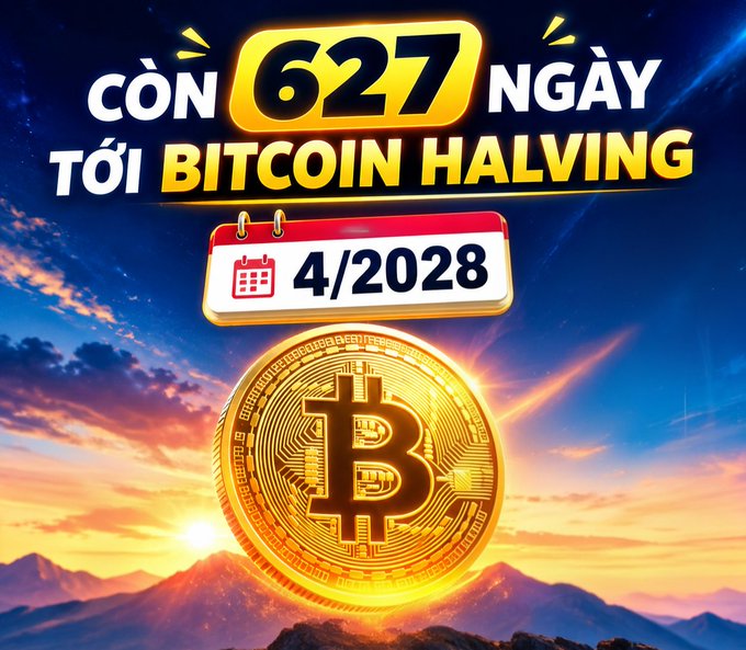 A promotional graphic stating 'CÒN 627 NGÀY TỚI BITCOIN HALVING' (627 days until Bitcoin Halving) with a date of 4/2028 and a large golden Bitcoin symbol over a sunset landscape.