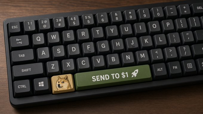 A close-up of a black keyboard featuring a custom green 'SEND TO $1 🚀' spacebar and a small dog face keycap next to it.