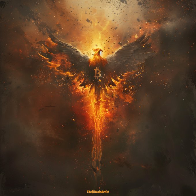 A fiery digital artwork of a phoenix with outstretched wings, featuring a Bitcoin 'B' symbol on its chest, credited to 'TheBitcoinArtist'.