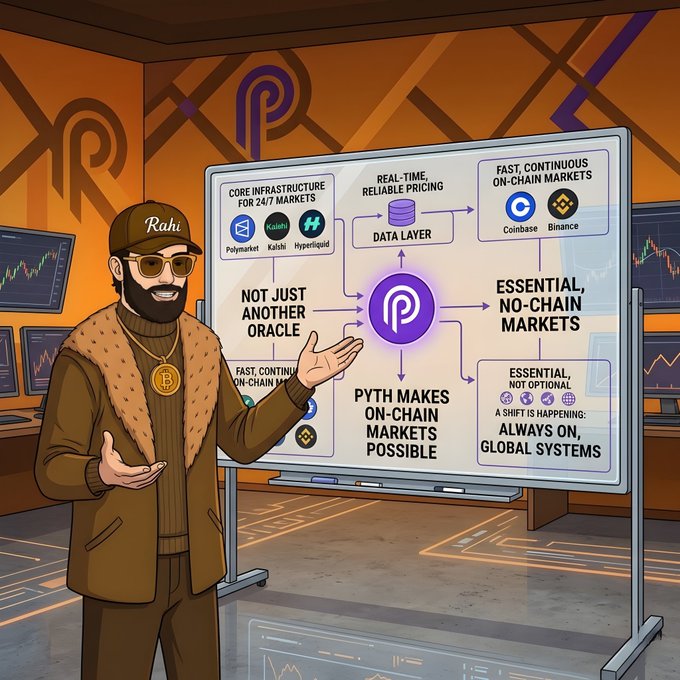 The image features a man wearing sunglasses and a brown jacket standing next to a whiteboard with a diagram of cryptocurrency trading systems. The man appears to be explaining these systems or presenting them to an audience. The caption above the diagram reads, " ➜ @PythNetwork Network is often misunderstood as just another oracle. But in reality, it is becoming infrastructure for modern 24/7 markets. From Polymarket Perps and Kalshi Up/Down markets to Hyperliquid style perpetual trading, everything depends on real time, reliable".