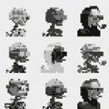 A grid of pixel art sprites showing a character with dark hair in various poses and color variations.