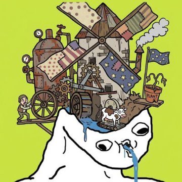 A whimsical illustration depicts a giant white rabbit crying a blue tear, carrying an elaborate patchwork contraption on its back that combines a windmill, steampunk machinery, a treasure chest, and a small farm scene with a cow and potted plant, set against a bright yellow-green background. The image appears to be a creative promotional graphic for an upcoming free NFT mint event, symbolizing the diverse and imaginative collection of projects being featured.