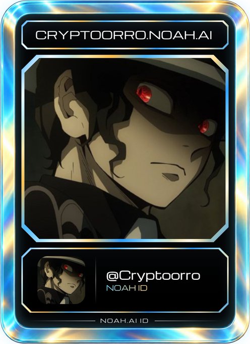 A digital ID card from NOAH.AI featuring an anime-style character with red eyes and a cap, branded with 'CRYPTOORRO.NOAH.AI' and '@Cryptoorro'.