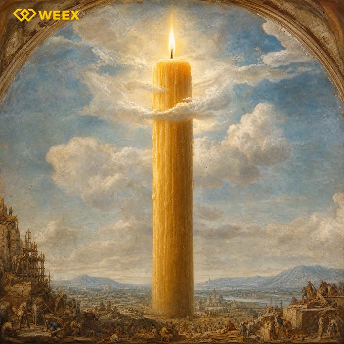 A towering, glowing candle stands like a monumental column amid a classical landscape of workers constructing scaffolding and scaffolding-like structures, with the "WEEX" logo in the upper left corner—visually echoing the caption's idea of tireless, unceasing effort ("The market never sleeps, neither do builders").