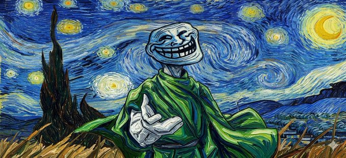 A troll face meme character wearing a green robe stands against a backdrop reminiscent of Van Gogh's 'Starry Night.'