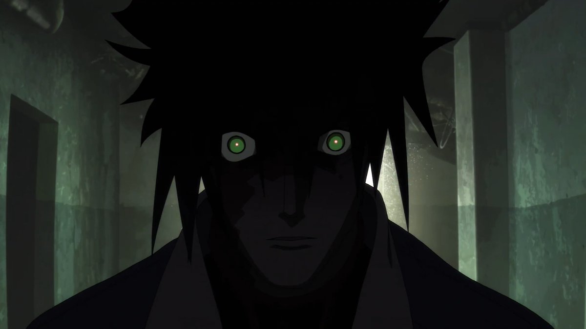 A dark, moody anime-style image showing a character with wild spiky black hair and glowing green eyes staring intensely in a dimly lit corridor.