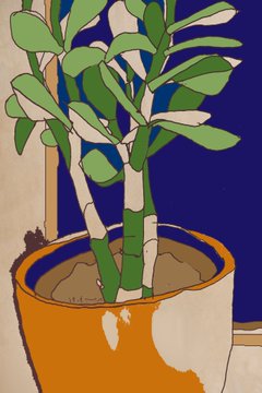 A digital illustration of a green and white bamboo plant in a brown and white pot set against a dark blue background.