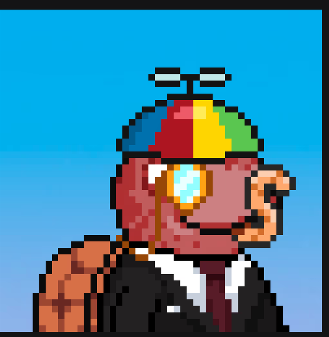 A pixel art illustration of a character wearing a colorful propeller beanie (blue, red, yellow, green) with a diamond-like gem on their cheek, set against a blue gradient background.