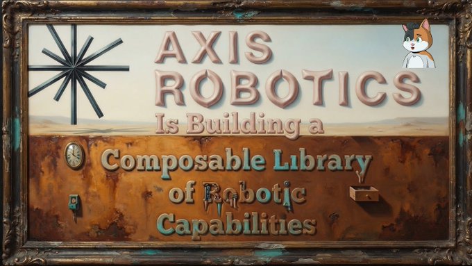 A rusted metal sign reads "AXIS ROBOTICS Is Building a Composable Library of Robotic Capabilities," with a wheel-like logo in the upper left and a small cartoon cat avatar in the upper right corner. The weathered, industrial aesthetic of the image visually reinforces the post's announcement about a successful $2,394,209.52 commitment to the $AXIS token sale and the project's innovative approach to scaling robot learning.