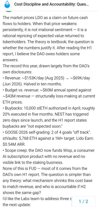 A screenshot of a post titled 'Cost Discipline and Accountability' questioning Lido DAO's financials, citing revenue figures including $153K/day for August 2025.