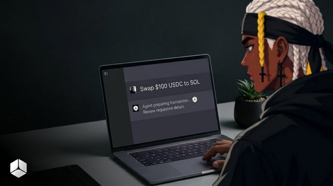 A digital illustration shows a person with blonde braids and cross earrings using a laptop that displays a crypto transaction: 'Swap $100 USDC to SOL' with 'Agent preparing transaction. Review requested details.'