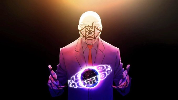 A stylized digital artwork of a pale, bald figure in a purple suit and red tie wearing a face covering, holding a glowing purple orb displaying 'MOON' and 'MC' text in a dark setting.