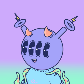 A cute cartoon character with a purple round head, small horns, and lightning bolt antennas, with tentacle-like arms and multiple eyes, set against a pastel gradient background.