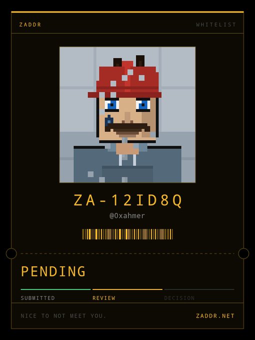 A pixel-art profile card features a character with a red hat and mustache on a gray tiled background, labeled "ZADDR" with the ID "ZA-12ID8Q", username "@0xahmer", and a status of "PENDING".