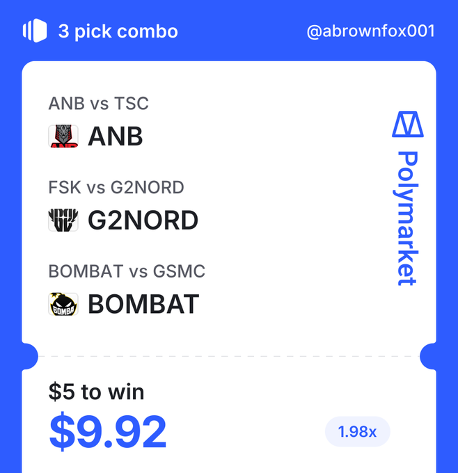 A Polymarket screenshot showing a 3-pick combo bet slip for ANB, G2NORD, and BOMBAT, requiring $5 to win with a potential payout of $9.92 at 1.98x odds.