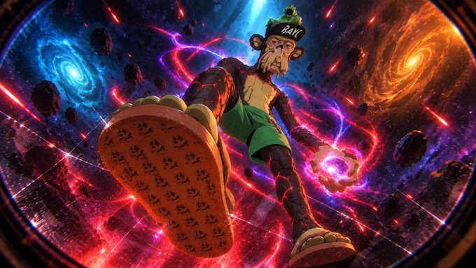 A vibrant, stylized digital artwork shows a character with a frog hat labeled 'BAYC' walking through a cosmic, multiverse-like space with swirling galaxies and red lightning.