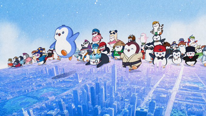 A group of colorful Pudgy Penguin NFT characters soar together above a blue-tinted aerial cityscape, celebrating the 5-year anniversary of the Pudgy Penguins brand. The diverse, joyful lineup of penguins reflects the community's growth and resilience through past bear markets, as highlighted in the accompanying reflection.