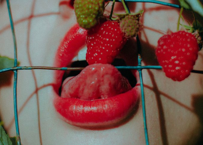 An artistic close-up photograph of glossy red lips and raspberries behind a green wire mesh fence, creating a visually striking composition with skin visible in the background.