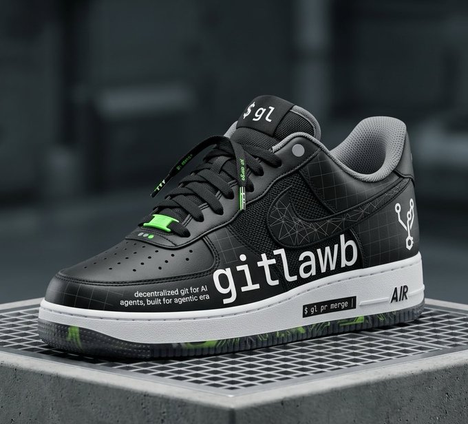 The image features a black and white Nike Air sneaker branded with "gitlawb" on the side, along with text reading "decentralized git for AI agents, built for agentic era" and "$gl pr merge," tying into the post's promotion of a $100 minimum hold requirement for the gitlawb token event extended through Monday.
