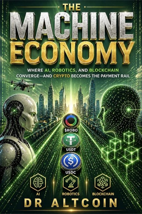 The image is a book cover for "The Machine Economy: Where AI, Robotics, and Blockchain Converge—and Crypto Becomes the Payment Rail" by Dr Altcoin, featuring logos for AI, Robotics, Blockchain, and the $ROBO, USDT, and USDC cryptocurrencies alongside illustrations of a robot, a drone, and a digital human profile. It directly showcases the $ROBO coin on the cover, matching the author's post about featuring the token to highlight the convergence of AI agents hiring robots with crypto as the payment rail.