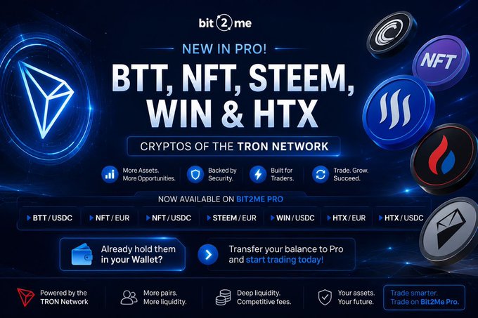 A promotional advertisement for Bit2Me Pro's new TRON network offerings, featuring BTT, NFT, STEEM, WIN & HTX cryptos with the TRX/TRON logo and various trading pair options.